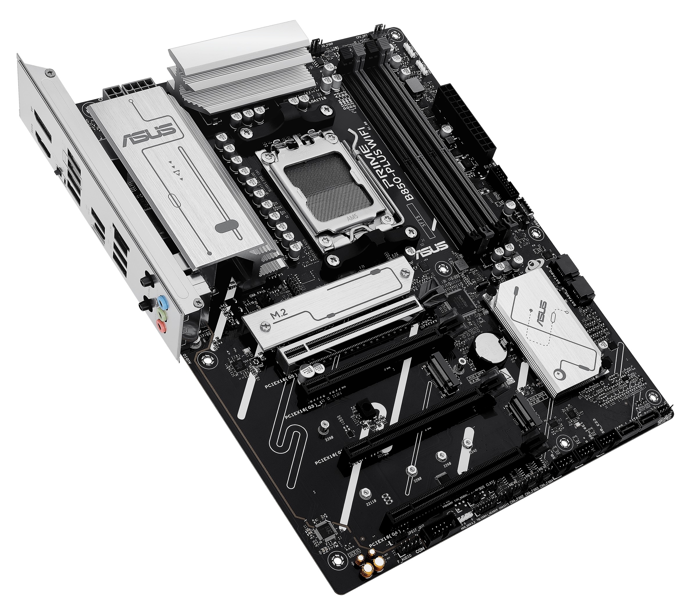 Angled view of the ASUS PRIME B850-PLUS WIFI motherboard and heatsinks