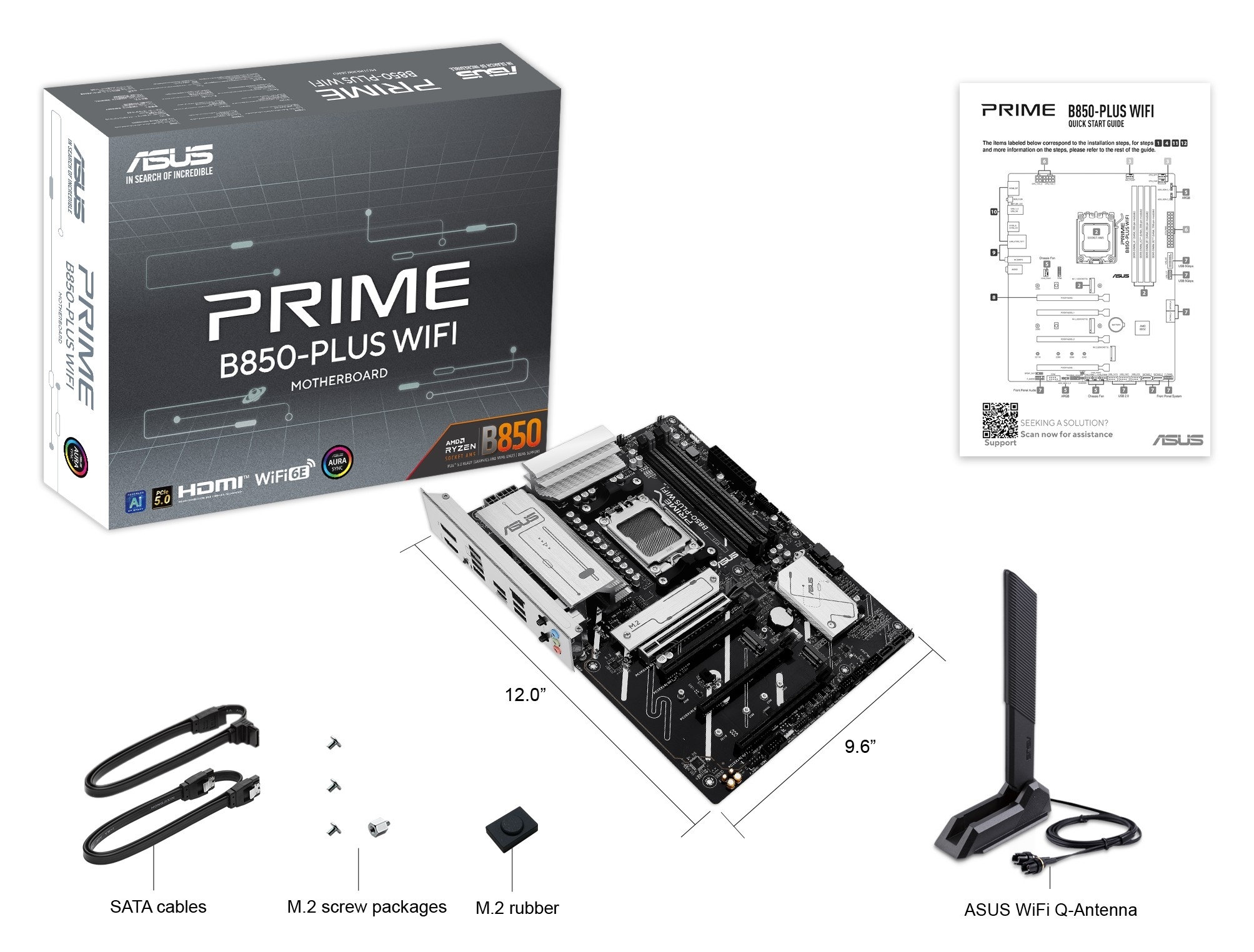 ASUS PRIME B850-PLUS WIFI box contents and board dimensions